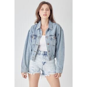RISEN Light Rinse Distressed Button Down Cropped Denim Jacket NEW Plus